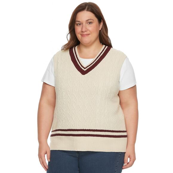 NWOT Abound Women’s Cream Cable Knit Sweater Vest w/ Burgundy Trim Size 1X - Picture 1 of 6